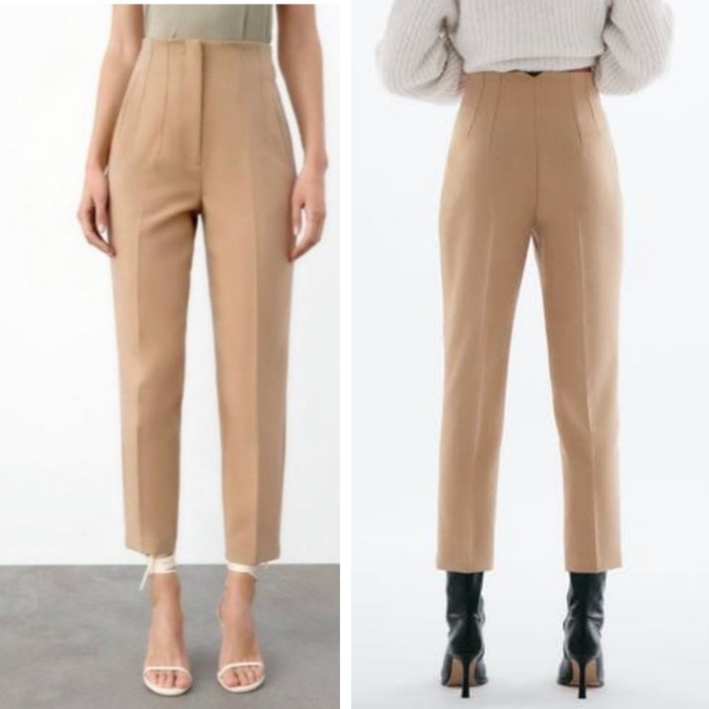 NEW Zara High Waisted Trousers In Tan Beige Neutral Small